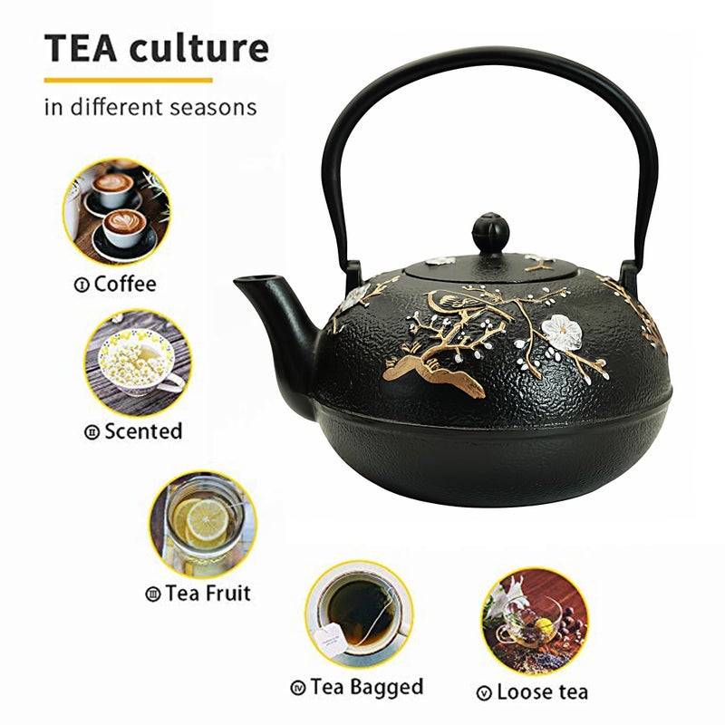 YJX 60.9oz Large Cast Iron Teapot for Stovetop, Japanese Tetsubin, Heavy and Durable Tea Pot, Tea Kettle with Stainless Steel Infuser for Loose Tea, Floral Pattern(1800ML) - Image 4