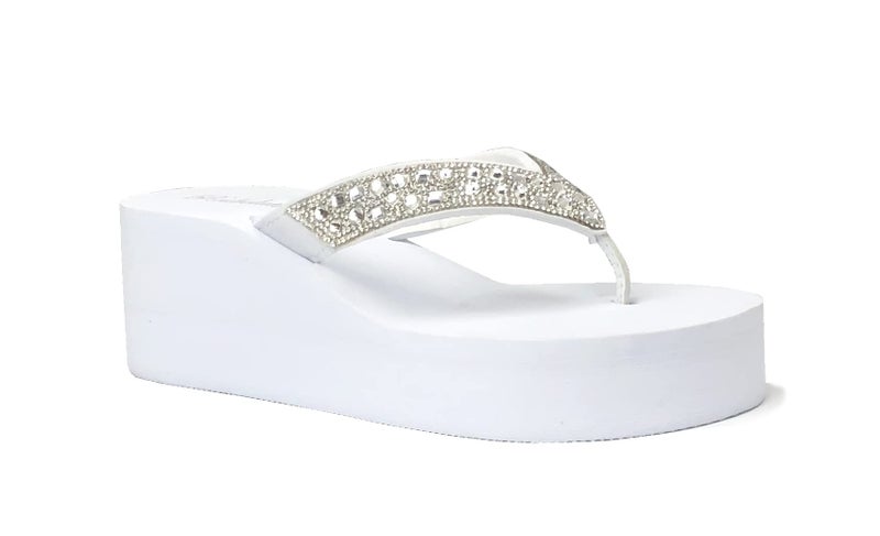 REDVOLUTION New Women's Rhinestone Sandals High | Low Platform T-Strap Jewel Sandals High Wedge Flip Flops (Bubbly-H [white], numeric_9) - Image 1