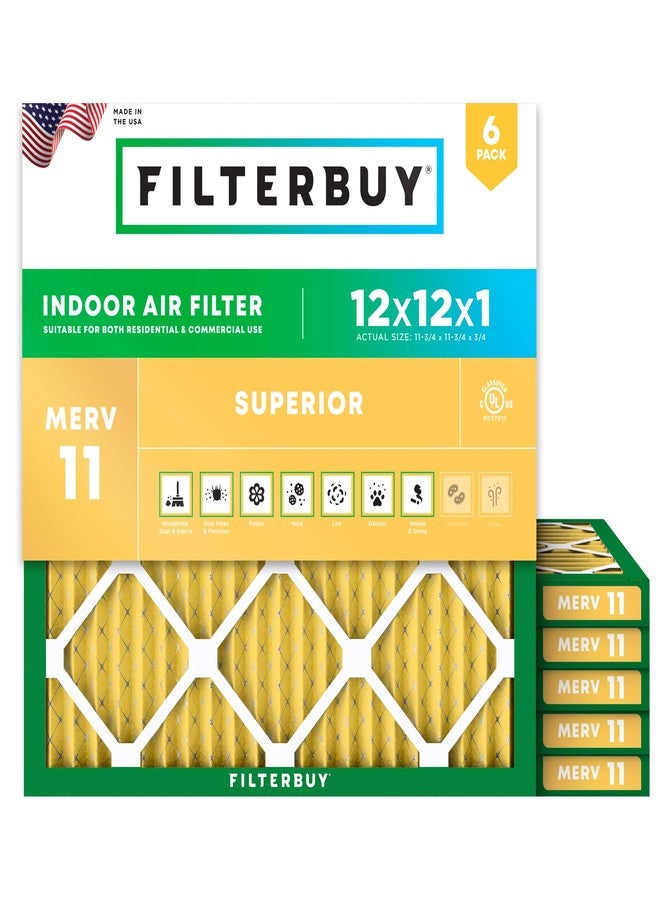 Filterbuy 12x12x1 Air Filter MERV 11 Allergen Defense (6-Pack), Pleated HVAC AC Furnace Air Filters Replacement (Actual Size: 11.69 x 11.69 x 0.75 Inches) - Image 1