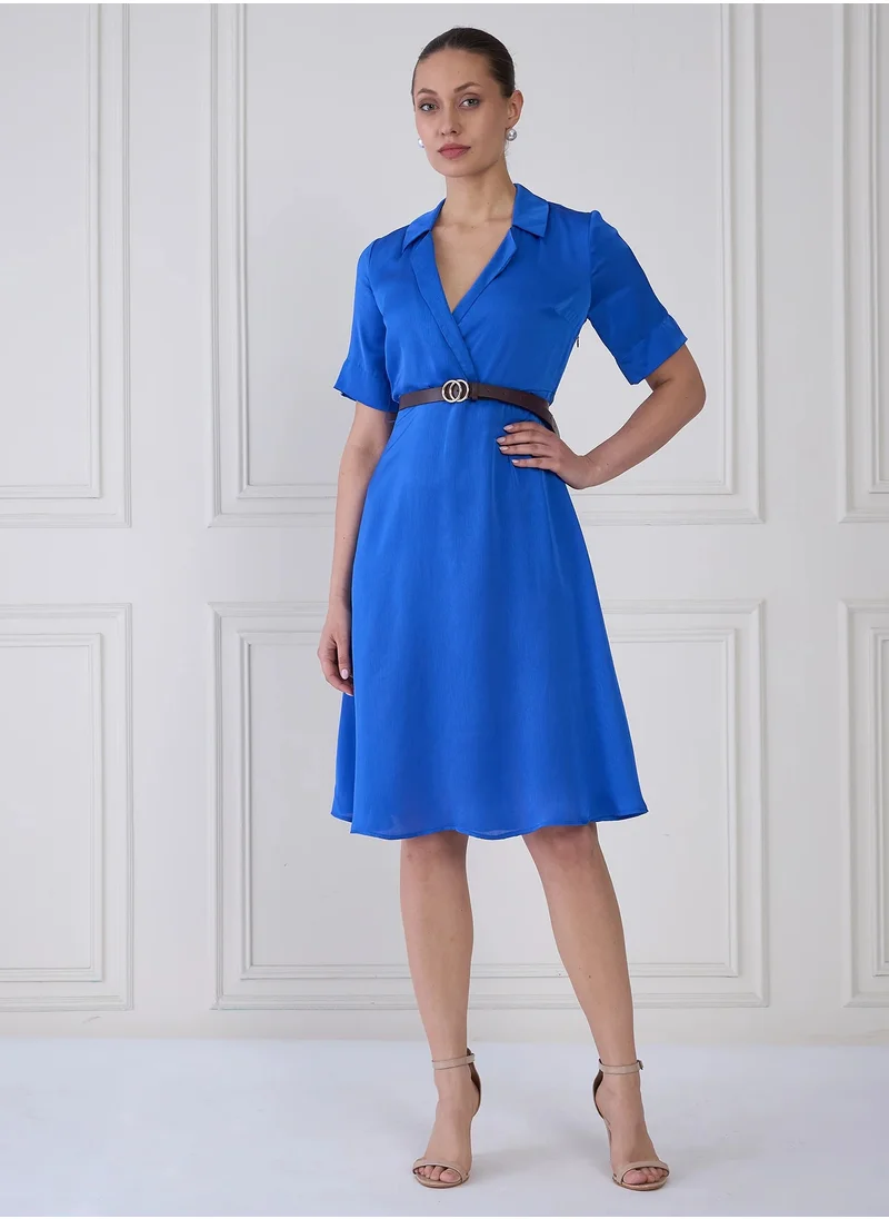 سولت اتاير Women's  Stylish Solid Color Dress with Notched Collar and Faux Leather Belt  Perfect for Effortless Elegance and Versatile Style