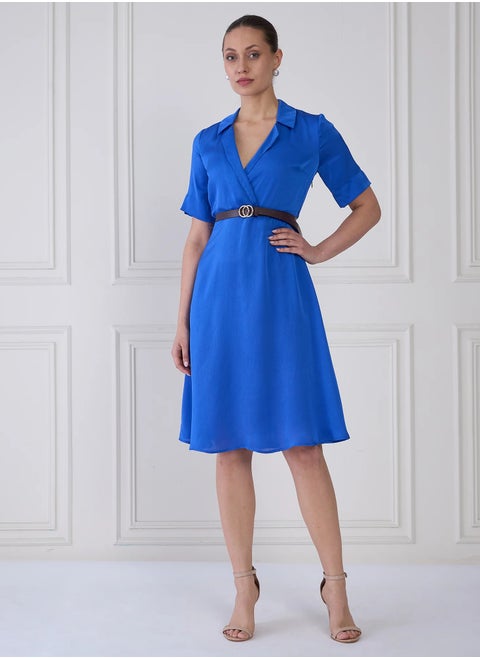 Women's  Stylish Solid Color Dress with Notched Collar and Faux Leather Belt  Perfect for Effortless Elegance and Versatile Style
