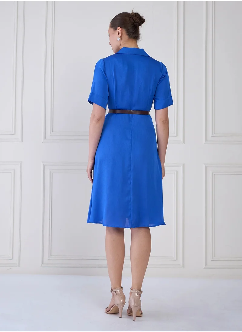 سولت اتاير Women's  Stylish Solid Color Dress with Notched Collar and Faux Leather Belt  Perfect for Effortless Elegance and Versatile Style