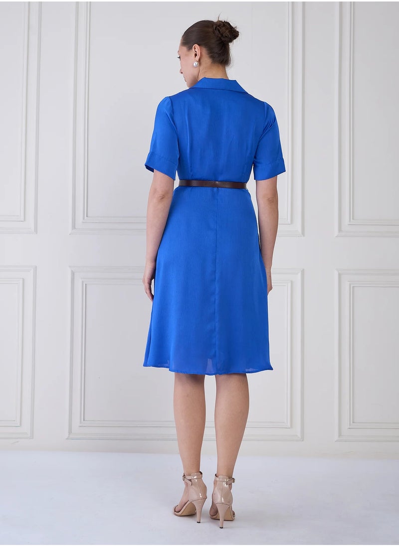 Salt Attire - Women's  Stylish Solid Color Dress with Notched Collar and Faux Leather Belt  Perfect for Effortless Elegance and Versatile Style - Image 1