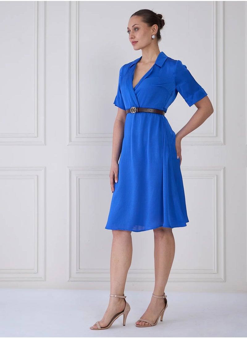 Salt Attire - Women's  Stylish Solid Color Dress with Notched Collar and Faux Leather Belt  Perfect for Effortless Elegance and Versatile Style - Image 1