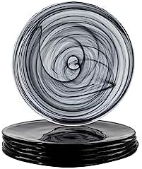 Vikko Lunch Plates Set of 6 Black Alabaster 85 Marbelized Swirl Design Elegant Glass Entree Dishwasher Safe - Image 1