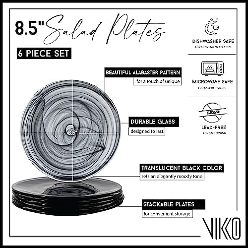 Vikko Lunch Plates Set of 6 Black Alabaster 85 Marbelized Swirl Design Elegant Glass Entree Dishwasher Safe - Image 2