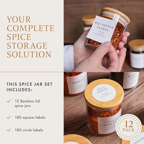 Livabl Glass Spice Jars with Labels-12 Pack- 6.8oz- 360 Labels- Spice Containers with Bamboo Lids -Spices Organization for Cabinet-Drawer-Rack-Seasoning containers-herbs- Organizer-Spices Bottles - Image 2