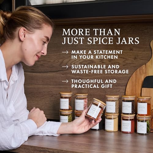 Livabl Glass Spice Jars with Labels-12 Pack- 6.8oz- 360 Labels- Spice Containers with Bamboo Lids -Spices Organization for Cabinet-Drawer-Rack-Seasoning containers-herbs- Organizer-Spices Bottles - Image 5