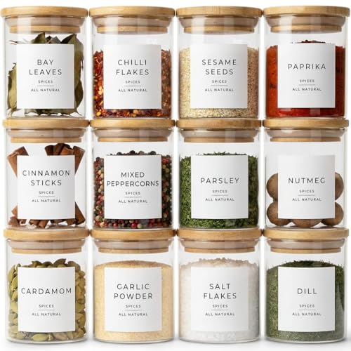 Livabl Glass Spice Jars with Labels-12 Pack- 6.8oz- 360 Labels- Spice Containers with Bamboo Lids -Spices Organization for Cabinet-Drawer-Rack-Seasoning containers-herbs- Organizer-Spices Bottles - Image 1