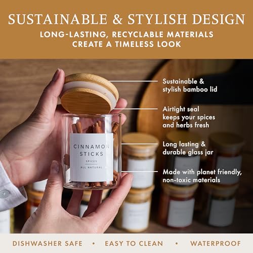 Livabl Glass Spice Jars with Labels-12 Pack- 6.8oz- 360 Labels- Spice Containers with Bamboo Lids -Spices Organization for Cabinet-Drawer-Rack-Seasoning containers-herbs- Organizer-Spices Bottles - Image 4