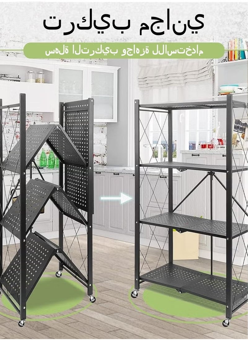 HOMESTAR 4 Layer Shelf Foldable Storage Shelving Unit with Wheels Metal Storage Rack Display Rack for Garage Kitchen Pantry Closet Laundry Black  - Image 2
