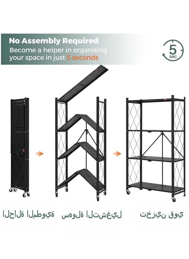 HOMESTAR 4 Layer Shelf Foldable Storage Shelving Unit with Wheels Metal Storage Rack Display Rack for Garage Kitchen Pantry Closet Laundry Black  - Image 4