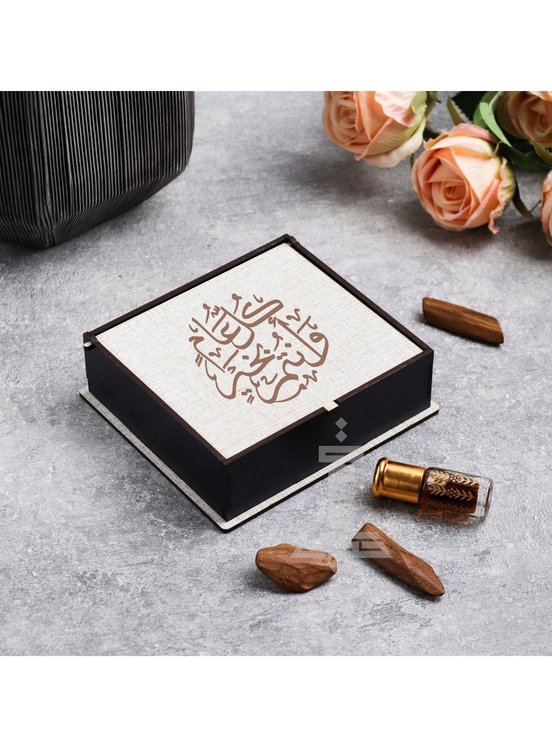 Story Of Candle Distribution + oud oil and Moroccan ouds come in a wooden box with an Arabic phrase  - Image 1
