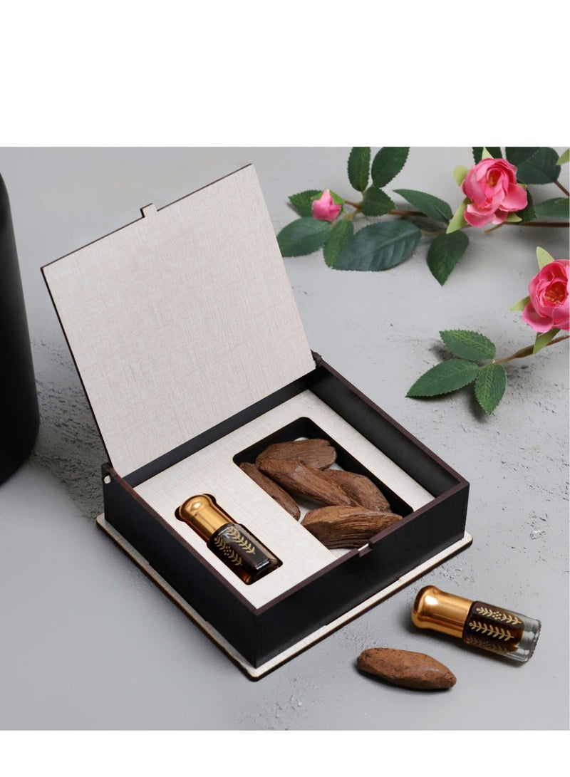 Story Of Candle Distribution + oud oil and Moroccan ouds come in a wooden box with an Arabic phrase  - Image 2