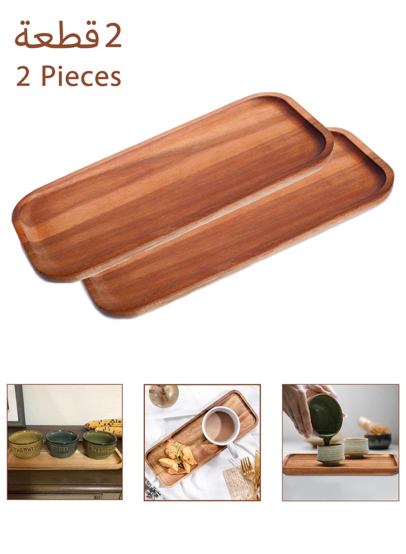 2-Piece Coffee Wood Serving Tray Wooden Tea Set Platters Large Serving Tray for Coffee, Breakfast, Food, Dessert, Cheese, Rectangular Decorative Serving Tray for Bathroom, Vanity, Kitchen Counter, Home Decor, Party, 30✖12✖2 Cm  - Image 1