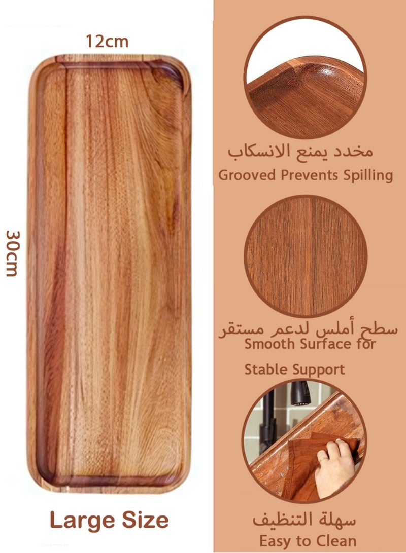 2-Piece Coffee Wood Serving Tray Wooden Tea Set Platters Large Serving Tray for Coffee, Breakfast, Food, Dessert, Cheese, Rectangular Decorative Serving Tray for Bathroom, Vanity, Kitchen Counter, Home Decor, Party, 30✖12✖2 Cm  - Image 2