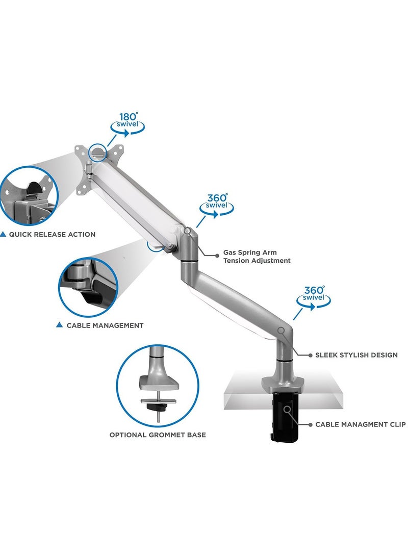 Single Monitor Mount, Gas Spring Monitor Arm for 17-32 inch Screens, Adjustable Computer Monitors Stand, with Clamp and Grommet Base