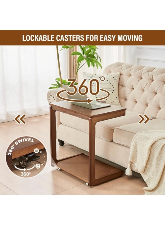 روعة طاولة سرير أريكة على شكل حرف C، طاولة جانبية خشبية قابلة للتدوير 360 درجة، مكتب كمبيوتر محمول مع عجلات، غرفة نوم، غرفة معيشة، طاولة خشبية صغيرة على شكل حرف C مع عجلات، أريكة/كنبة/خزانة سرير/طاولة سرير متعددة الوظائف، خشب الجوز - Image 4