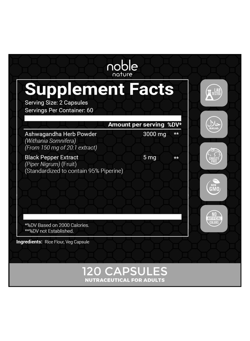 noble nature Ashwagandha Extra Strength 3000 MG - Stress & Mood Support - 120 Veg Capsules - Image 2