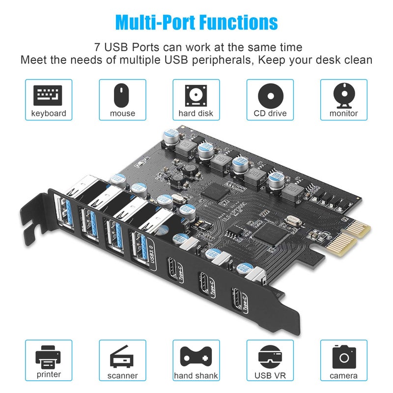 Sinefine PCIe to USB 3.0 Expansion Card 7 USB Ports (4 Type-A and 3 Type-C Ports), PCI Express USB Add in Card for Desktop PC Host Card - Image 4