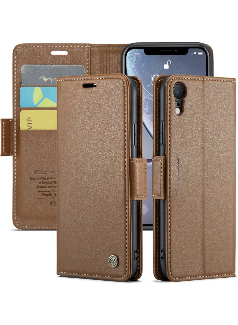 Flip Wallet Case for Apple iPhone XR, Leather Magnetic Attachment Flip Case Brown - Image 1