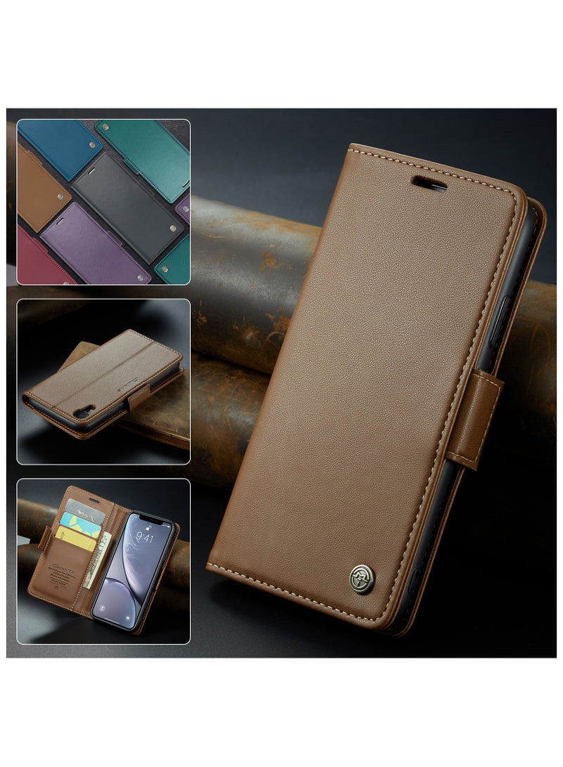 Flip Wallet Case for Apple iPhone XR, Leather Magnetic Attachment Flip Case Brown - Image 4