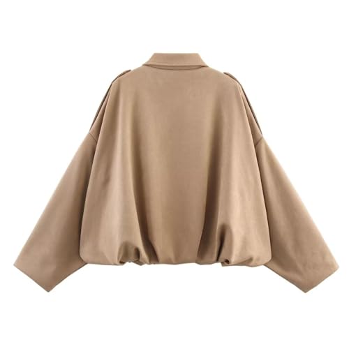 Xunger Women's Faux Suede Bomber Jacket Spring Lapel Pilot Coat Casual Oversized Long Sleeves Trendy Streetwear Outerwear(1026-Khaki-L-RD) - Image 2