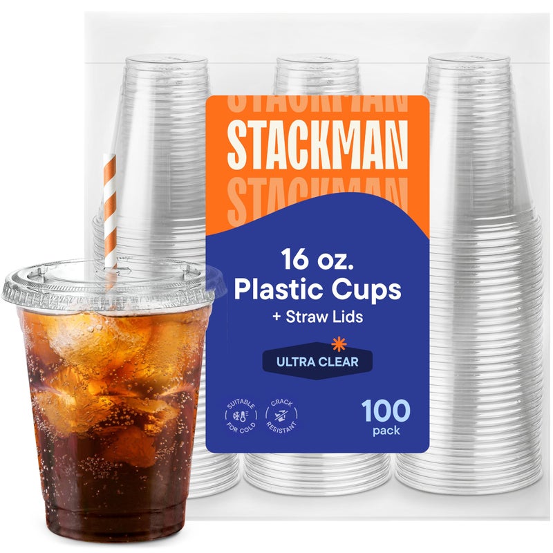 Stack Man [100 Sets - 16 oz.] Clear Plastic Cups with Straw Slot Lid, PET Crystal Clear Disposable 16oz Plastic Cups with lids - Image 1