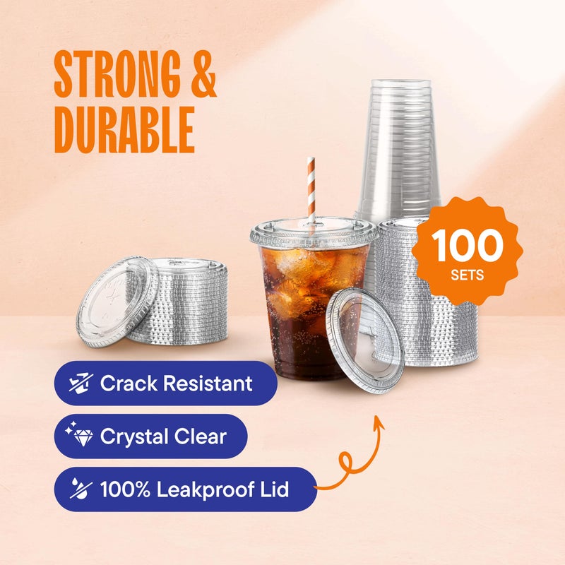 Stack Man [100 Sets - 16 oz.] Clear Plastic Cups with Straw Slot Lid, PET Crystal Clear Disposable 16oz Plastic Cups with lids - Image 3