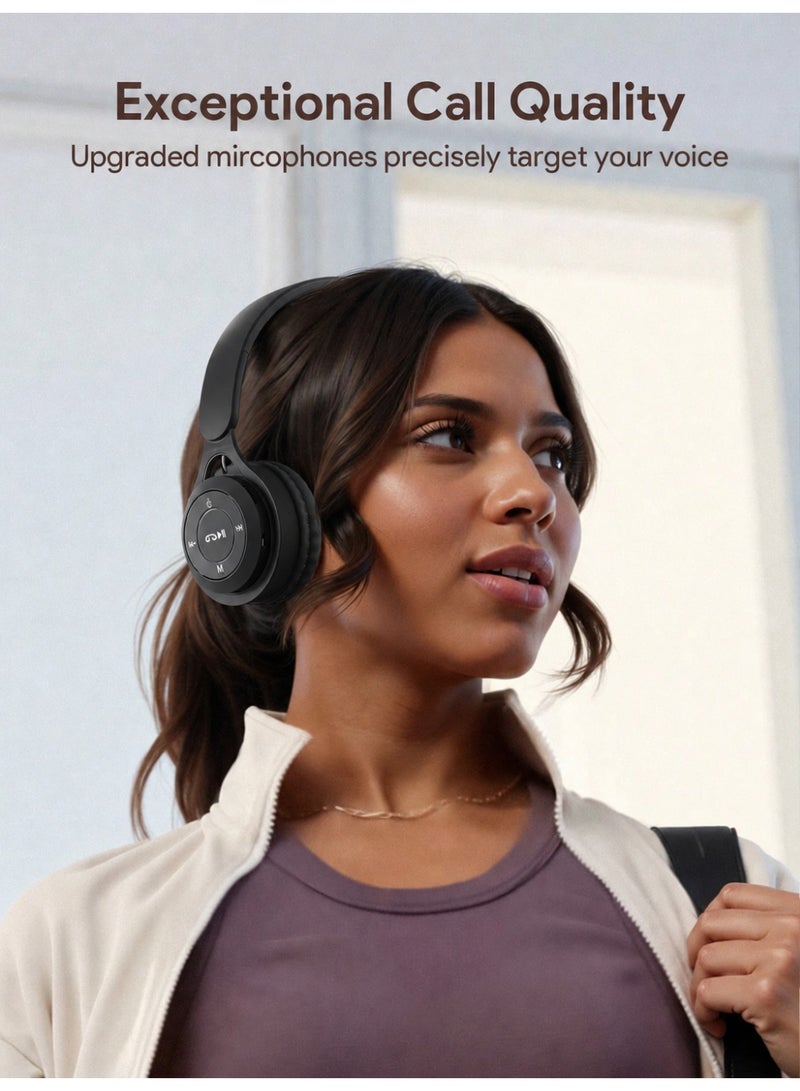 Wireless Headphones, Foldable Stereo Headset with Soft Ear Cushions, Built-in Mic, Deep Bass Sound, Music & Call Control, TF Card and AUX Support, Lightweight Headphones for Travel, Study and Daily Use, Black - Image 2