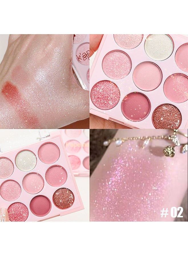 كابييل لوحة مكياج ظل العين اللامع باللون الوردي مع 9 ألوان، ظلال جافة براقه شديدة الصبغة، لوحة ظلال عيون مقاومة للماء للحفلات (02#) - Image 2