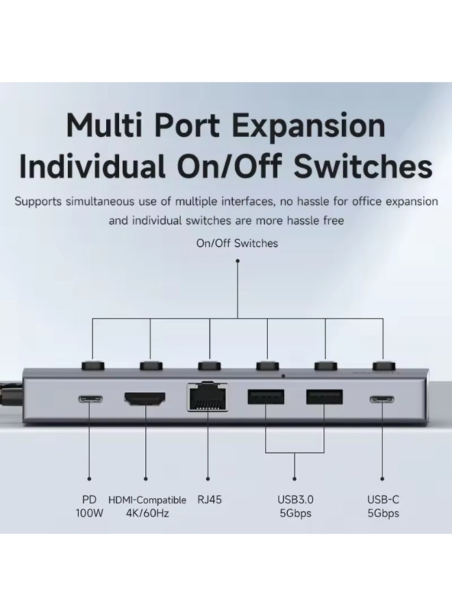 Hagibis USB C HUB Type-C Individual On/Off Switches Docking Station with 100W PD 4K HDMI-Compatible RJ45 for Laptops Macbook Pro - Image 3