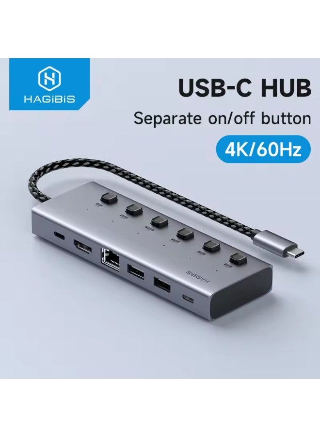 Hagibis USB C HUB Type-C Individual On/Off Switches Docking Station with 100W PD 4K HDMI-Compatible RJ45 for Laptops Macbook Pro - Image 2
