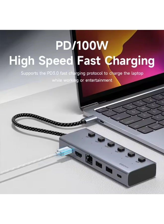 Hagibis USB C HUB Type-C Individual On/Off Switches Docking Station with 100W PD 4K HDMI-Compatible RJ45 for Laptops Macbook Pro - Image 4