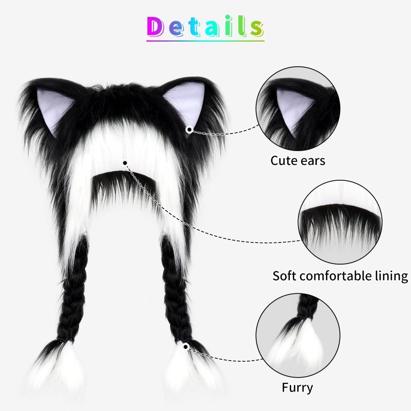 hbbhml Plush Animal Hat Fursuit Furry Cat Ears Headwear Hood Winter Warm Cap Halloween Party Costume Cosplay Accessories - Image 4