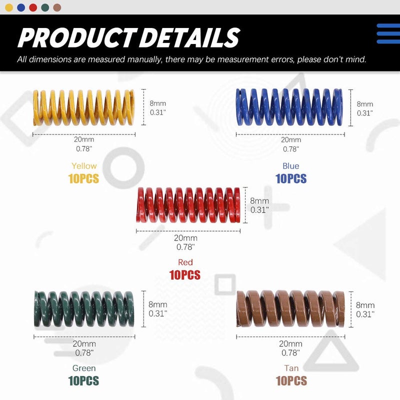 Glarks 50Pcs 5 Colors 8mm OD 20mm Long Light Load Compression Mould Die Spring Set Compatible with 3D Printer Ender 3 Stock Bed Leveling - Image 2