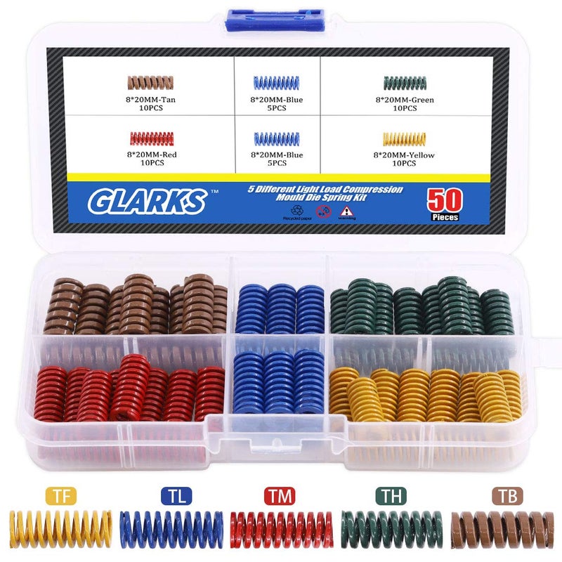 Glarks 50Pcs 5 Colors 8mm OD 20mm Long Light Load Compression Mould Die Spring Set Compatible with 3D Printer Ender 3 Stock Bed Leveling - Image 1