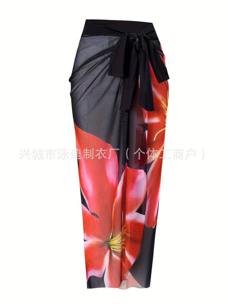 Black Red Flower Positioning Printing Mesh Lace-Up Skirt Two-Piece Beach Vacation One-Piece Swimsuit By The Sea - Image 5