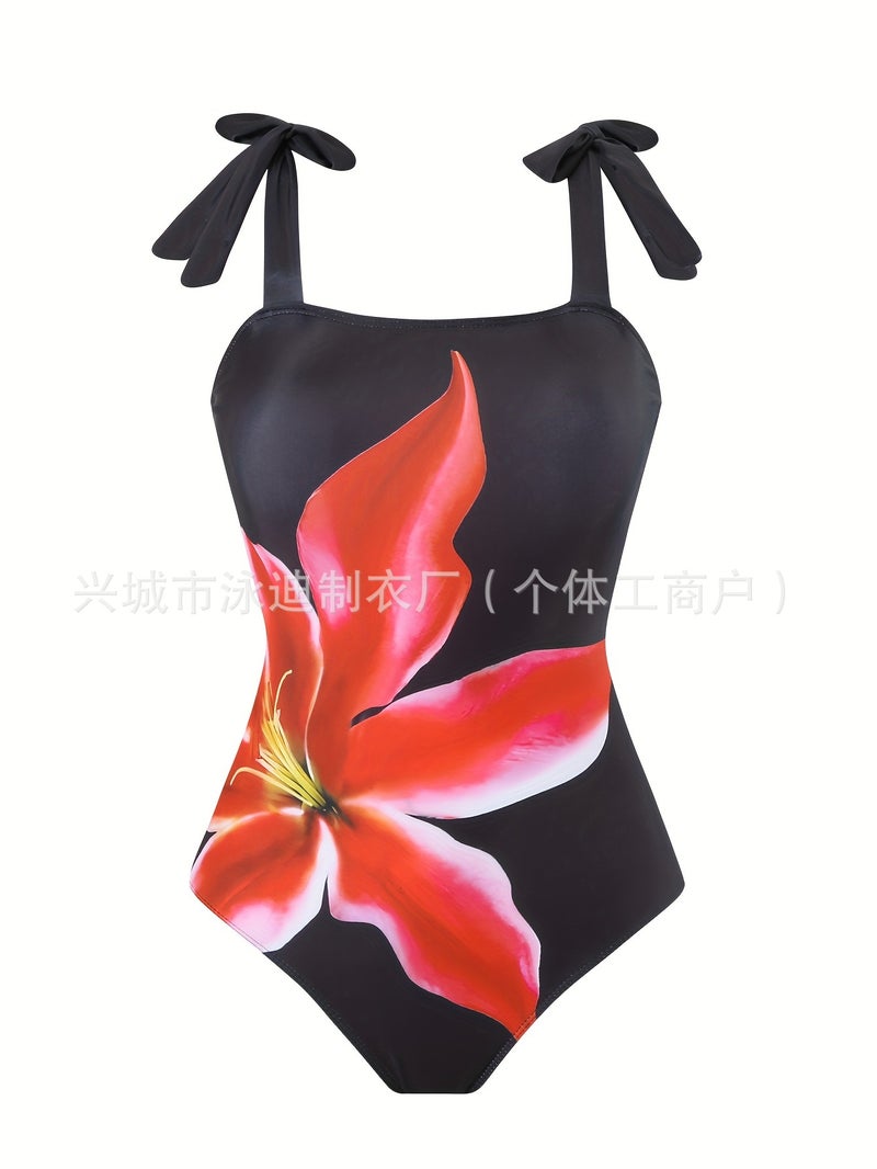 Black Red Flower Positioning Printing Mesh Lace-Up Skirt Two-Piece Beach Vacation One-Piece Swimsuit By The Sea - Image 3