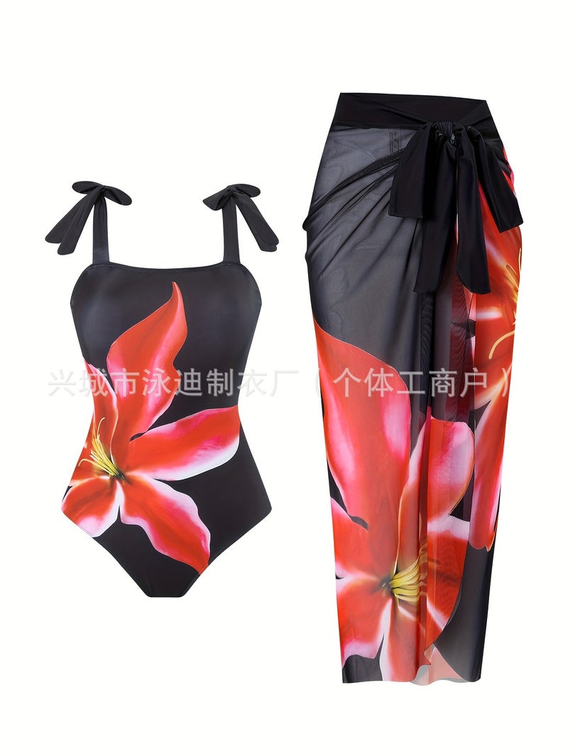 Black Red Flower Positioning Printing Mesh Lace-Up Skirt Two-Piece Beach Vacation One-Piece Swimsuit By The Sea - Image 2