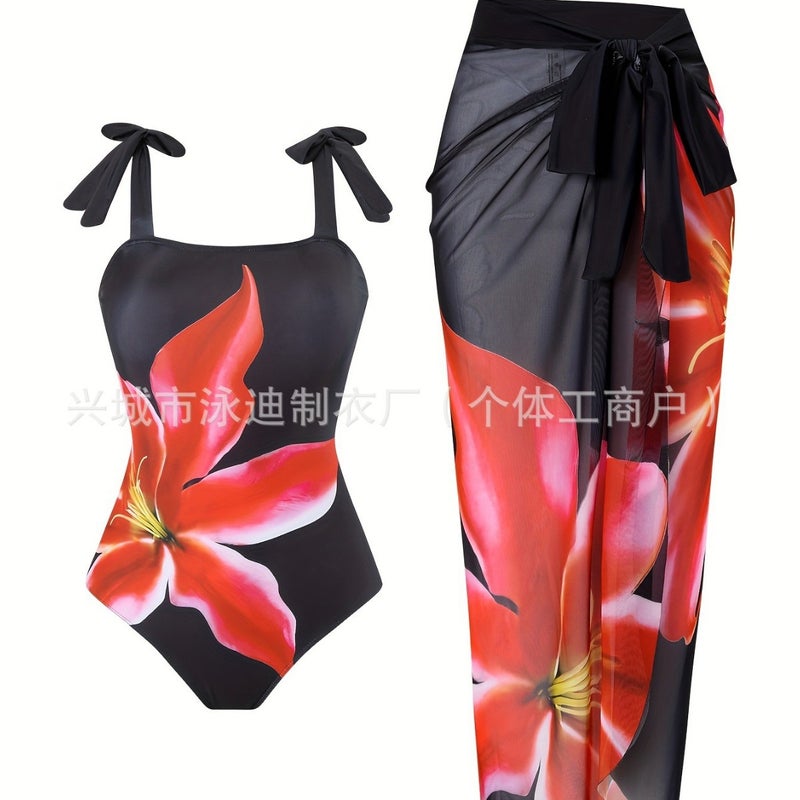 Black Red Flower Positioning Printing Mesh Lace-Up Skirt Two-Piece Beach Vacation One-Piece Swimsuit By The Sea - Image 1