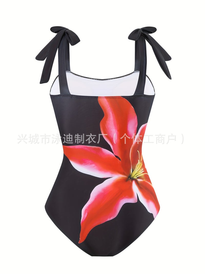 Black Red Flower Positioning Printing Mesh Lace-Up Skirt Two-Piece Beach Vacation One-Piece Swimsuit By The Sea - Image 4