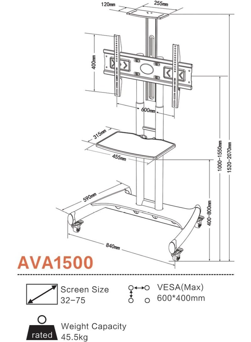 Mobile TV Cart Stand with Adjustable Height for 32-70" LCD/LED Curved or Flat Screens, with Shelf, Wheels, and 45.5kg Load Capacity - Image 4