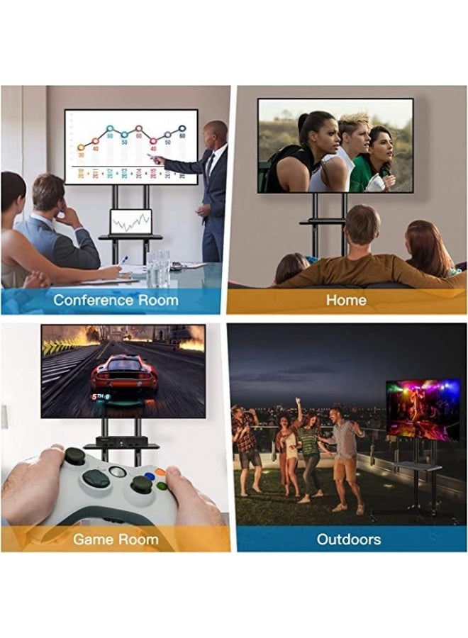 Mobile TV Cart Stand with Adjustable Height for 32-70" LCD/LED Curved or Flat Screens, with Shelf, Wheels, and 45.5kg Load Capacity - Image 2