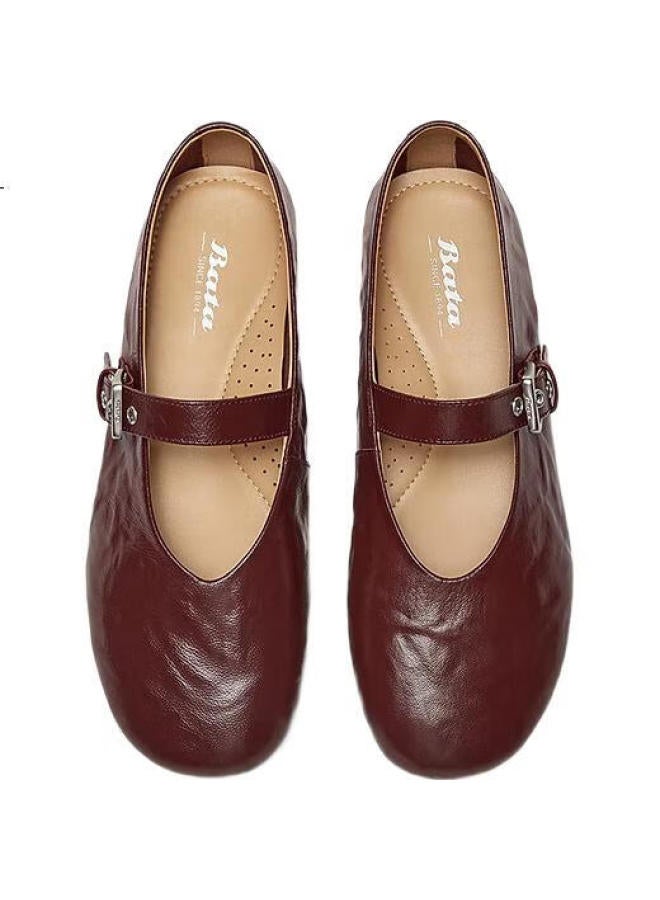 Bata Mary Jane Sheepskin Women'S Spring Retro Textured Sheepskin Soft-Soled Flats Auo01Aq5, Wine Red, Size 34 - Image 3