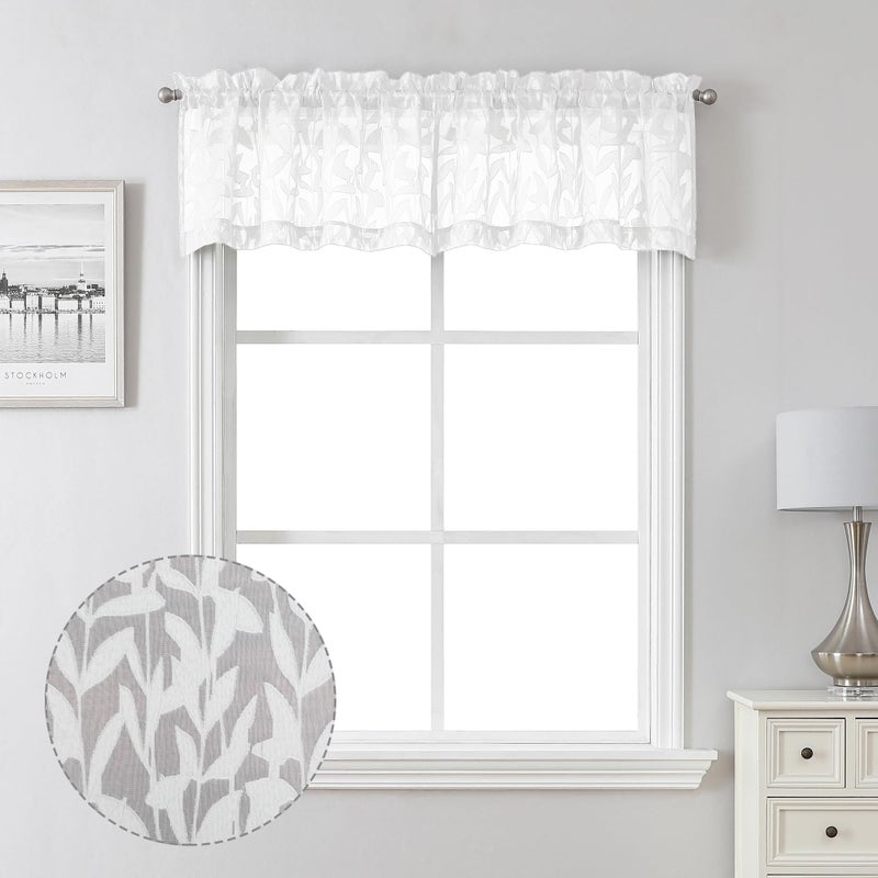 Lecloud Leia Texture White Curtains Sheer Valance 14 Inch Long 2 PCS, Dual Rod Pockets Window Small Curtain Kitchen/Bedroom/Living Room, Light Filtering Clip Jacquard Leaf Curtains Valance, 38W x 14L - Image 1