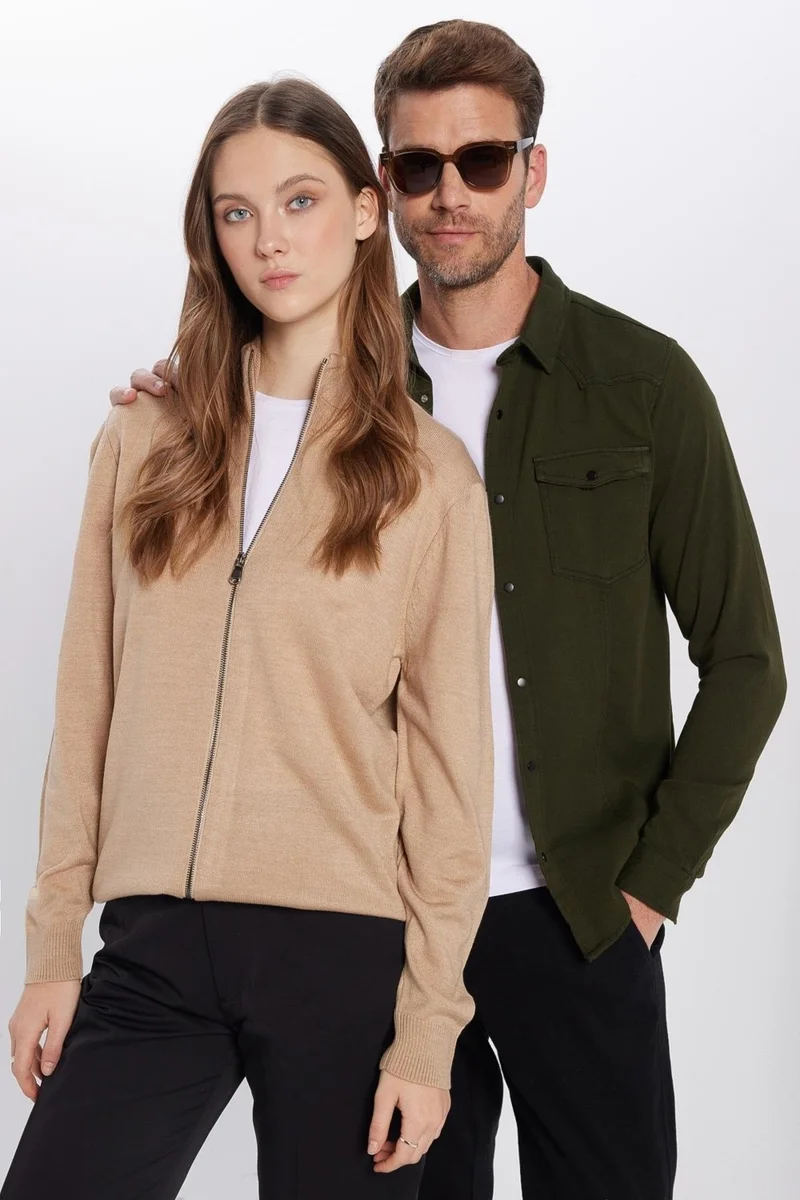 Tudors Unisex Slim Fit Slim Cut Beige Stand Collar Zipper Plain Cardigan