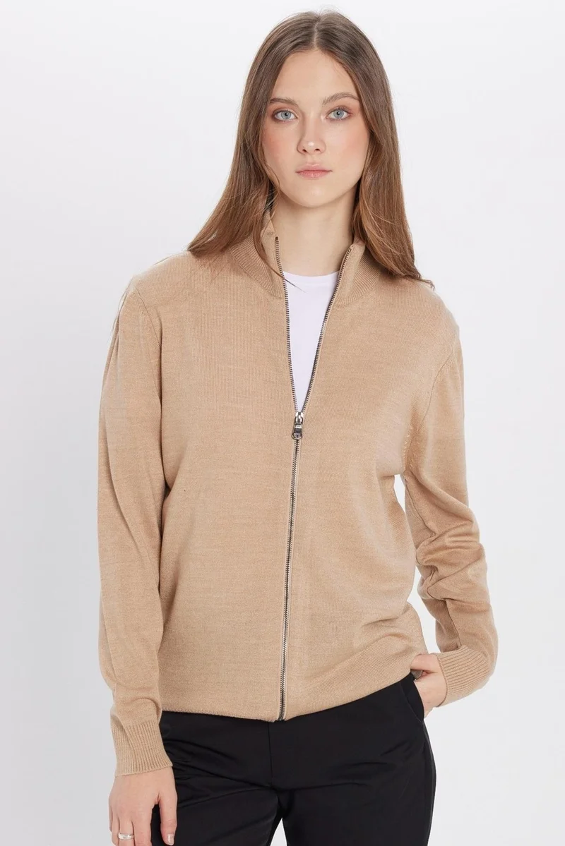 Tudors Unisex Slim Fit Slim Cut Beige Stand Collar Zipper Plain Cardigan