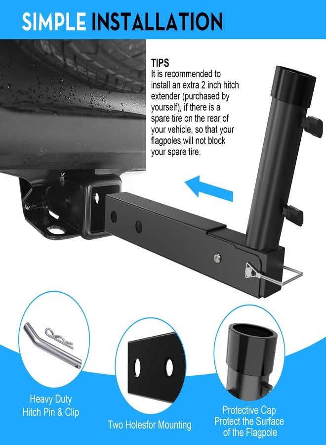 Tanfix Foldable Hitch Mount Flagpole Holder | All Metal Heavy- Duty, Fits Standard 2" Trailer Hitch, Compatible with Jeep, Truck, SUV, RV, Pickup, Camper Trailer (ONE Flagpole) - Image 2