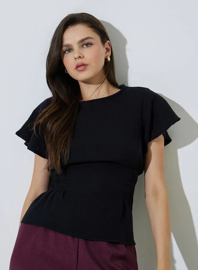 تايك تو Black Flutter Sleeve Casual Blouse